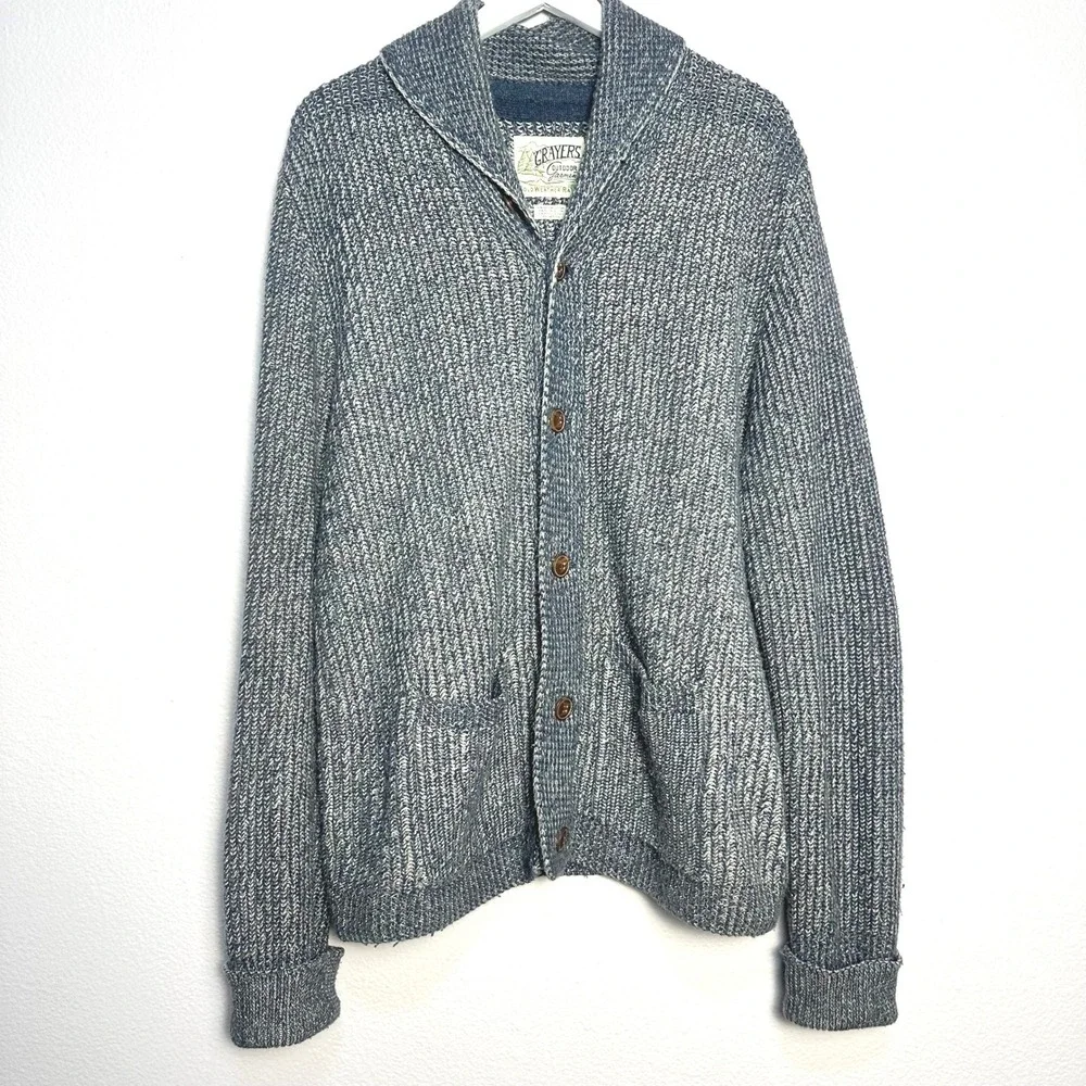 Grayers Belmont Mens Shawl Collar Cardigan Blue Charcoal Knit Sweater L